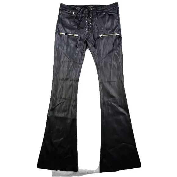 NovaLuxe Faux Vegan Leather Pants Women’s Size Large Black Flare Leg Lace Up NEW - Picture 2 of 11